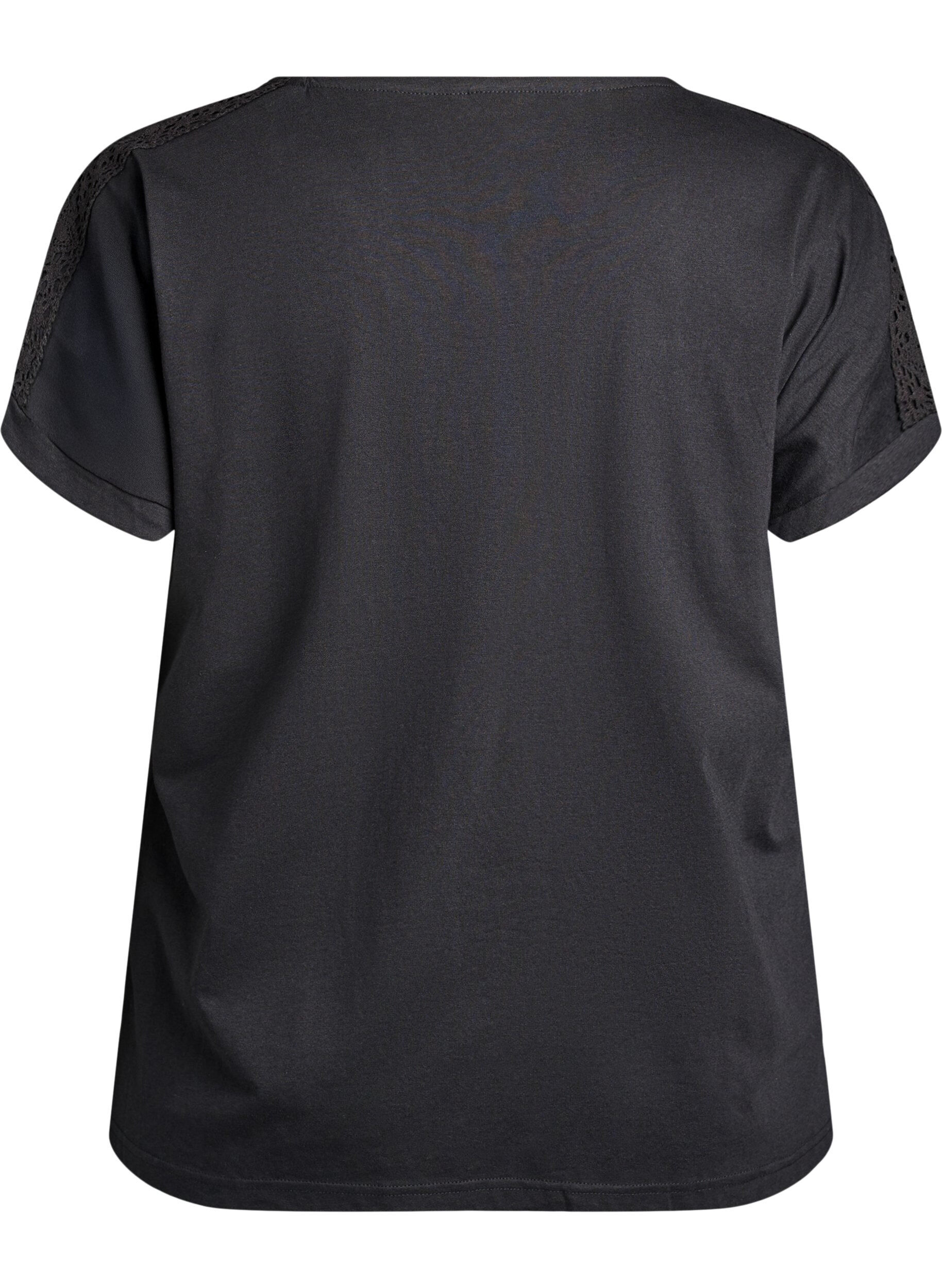 ZizziBawelniany T-shirt z szydelkowym detalem, Czarne, Packshot image number 1