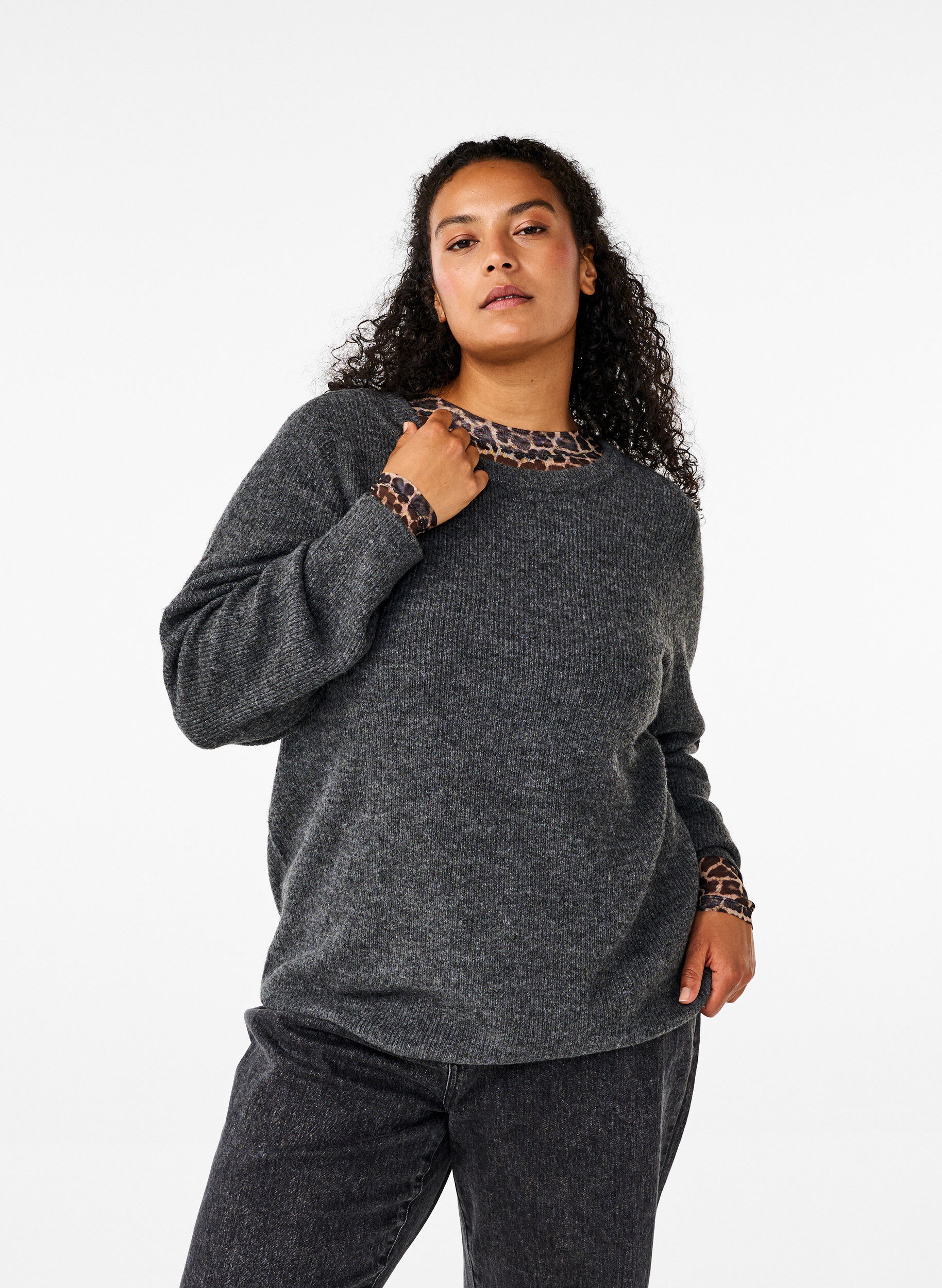 Zizzi Melanzowy sweter z okraglym dekoltem, Dark Grey Black Mel., Model image number 0