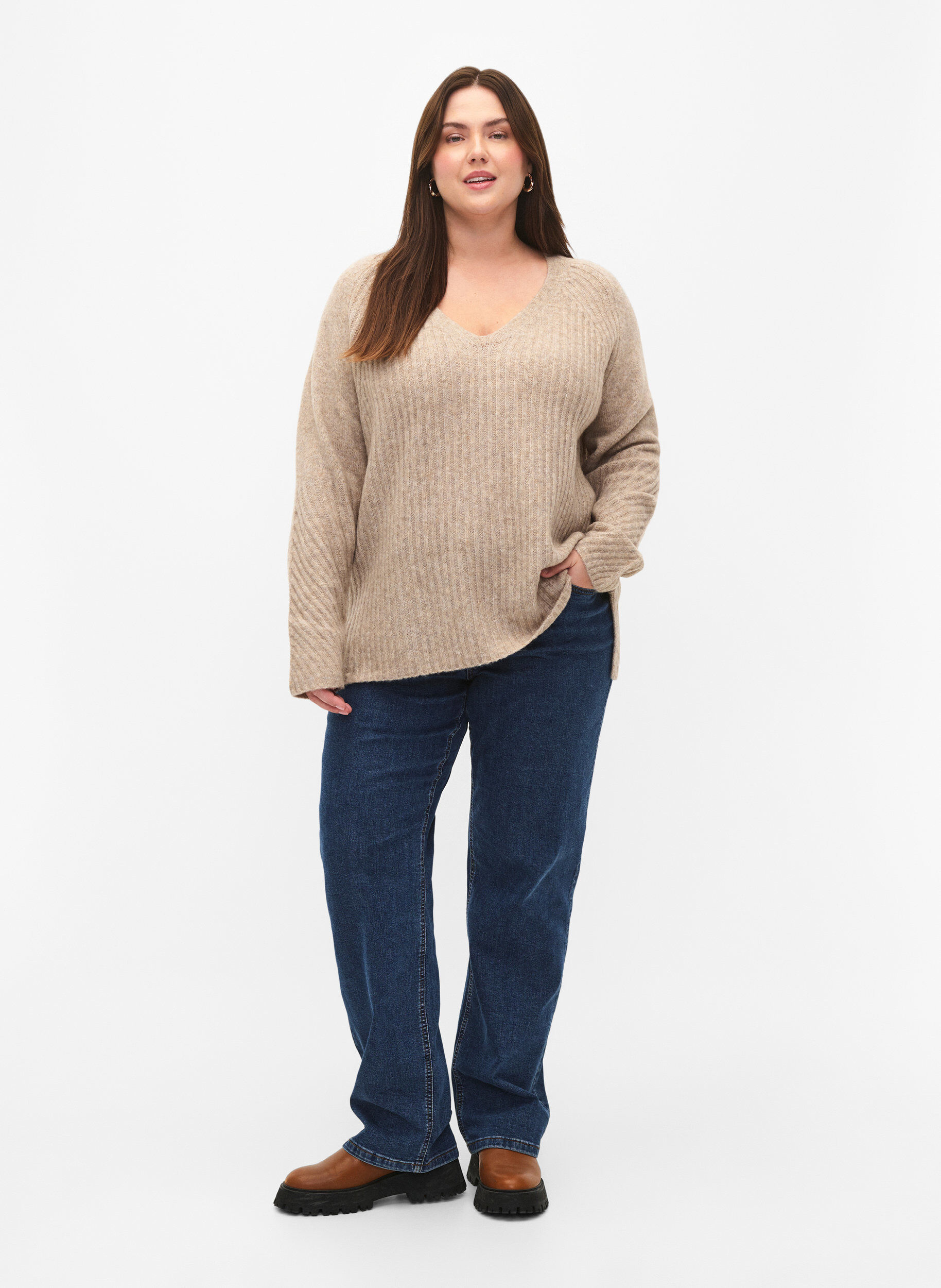 Zizzi Dzianinowy sweter z rozcieciem, Simply Taupe Mel., Model image number 2