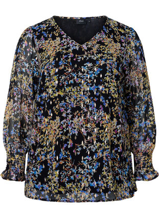 Bluzka w kwiaty z dlugimi rekawami i dekoltem w szpic, Black/Vibrant Flower, Packshot image number 0