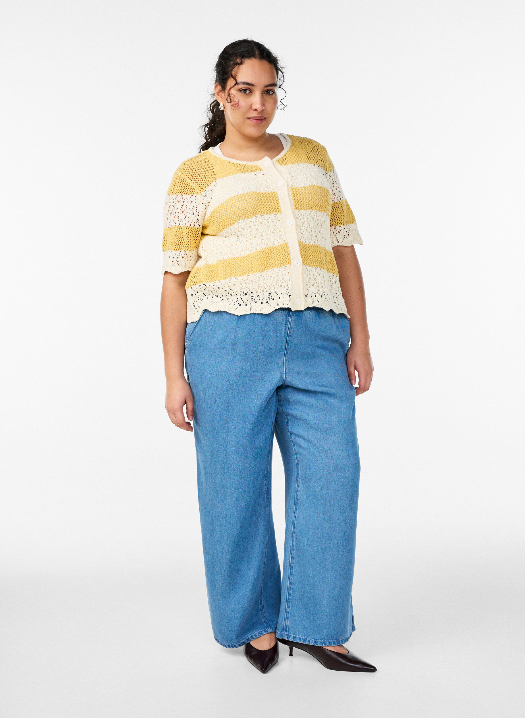 Zizzi Kardigan z dzianiny z haftami oczka i paskami, Ż&oacute;łty, Model image number 1