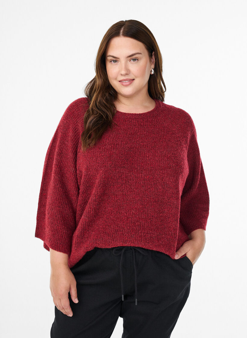 Prazkowany sweter z rekawami 3/4, Czerwony, Model image number 0