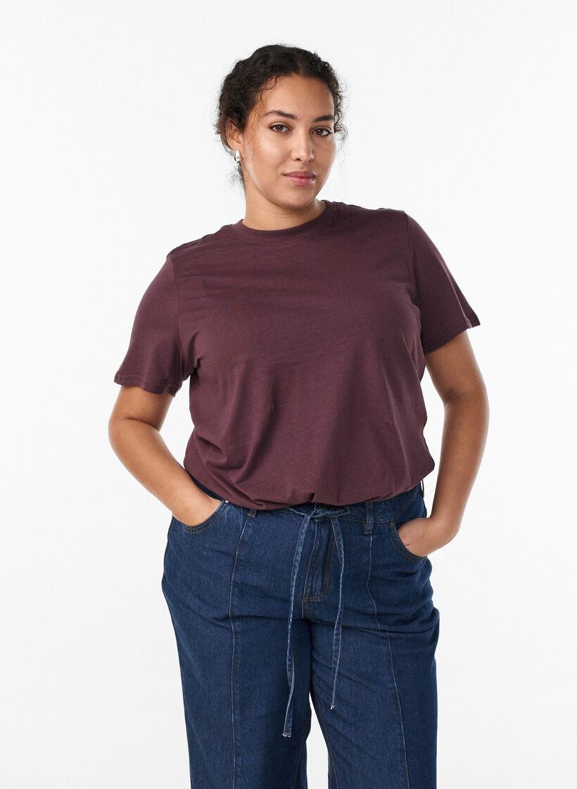 Podstawowa koszulka bawelniana z okraglym dekoltem, Ciemnobordowy, Model image number 0