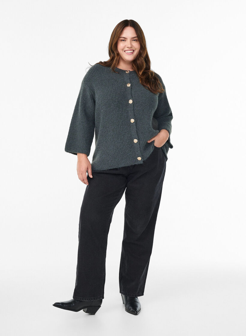 Krótki kardigan z 3/4-sleeves i zlotymi teksturowanymi guzikami, Zielony, Model image number 1