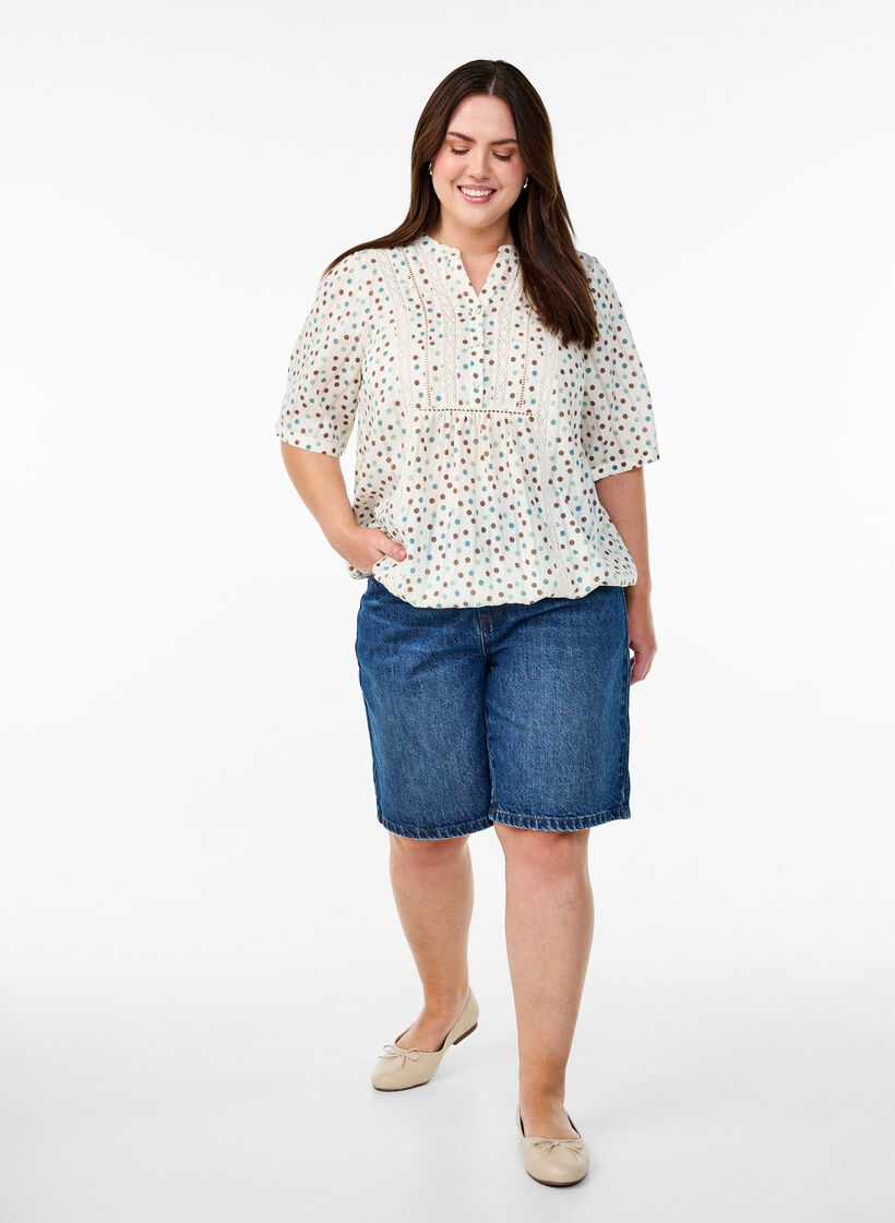 Bluzka z nadrukiem i rekawami 1/2, Biały, Model image number 1