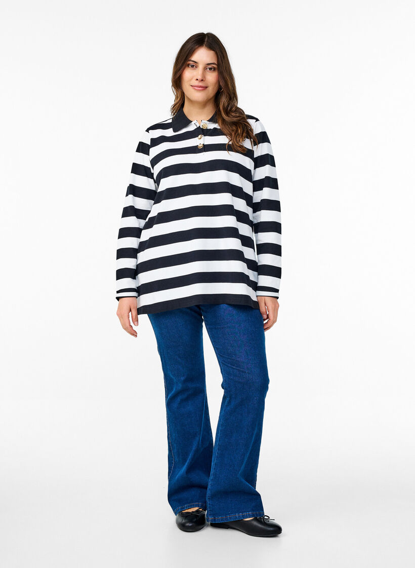 Koszulka polo w paski z dlugim rekawem, Czarne, Model image number 1