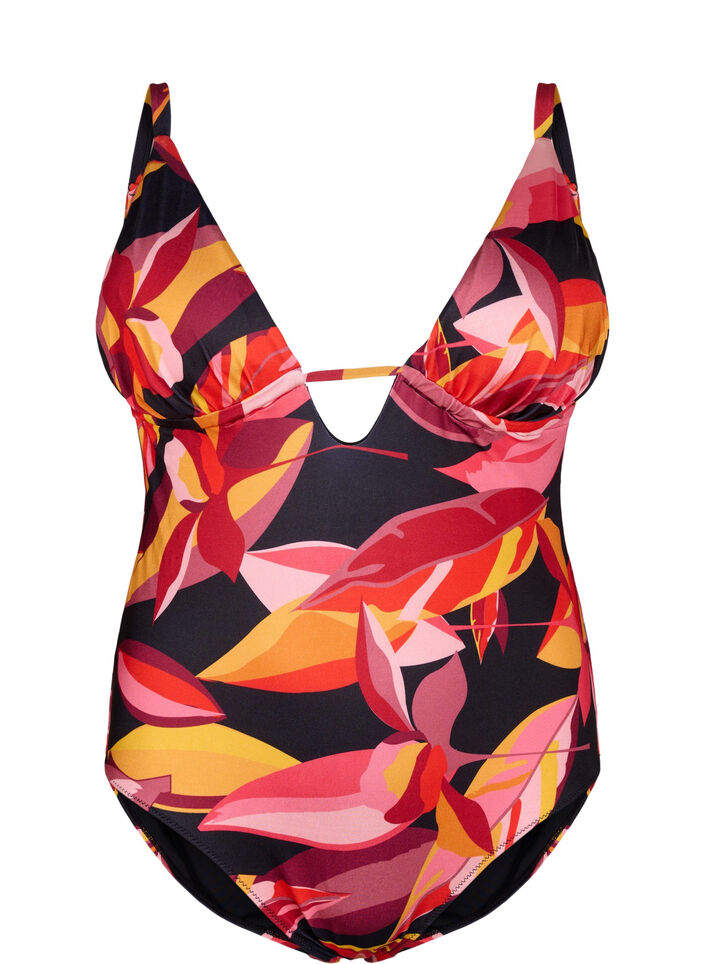 Strój kapielowy z dekoltem w szpic i wiazanymi detalami, Czerwony, Packshot image number 0