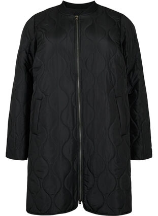 Dluga pikowana kurtka z kieszeniami i suwakiem, Black, Packshot image number 0