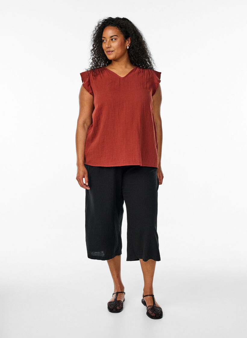 Top bez rekaw&oacute;w z bawelnianego muslinu z falbankami, Czerwony, Model image number 1