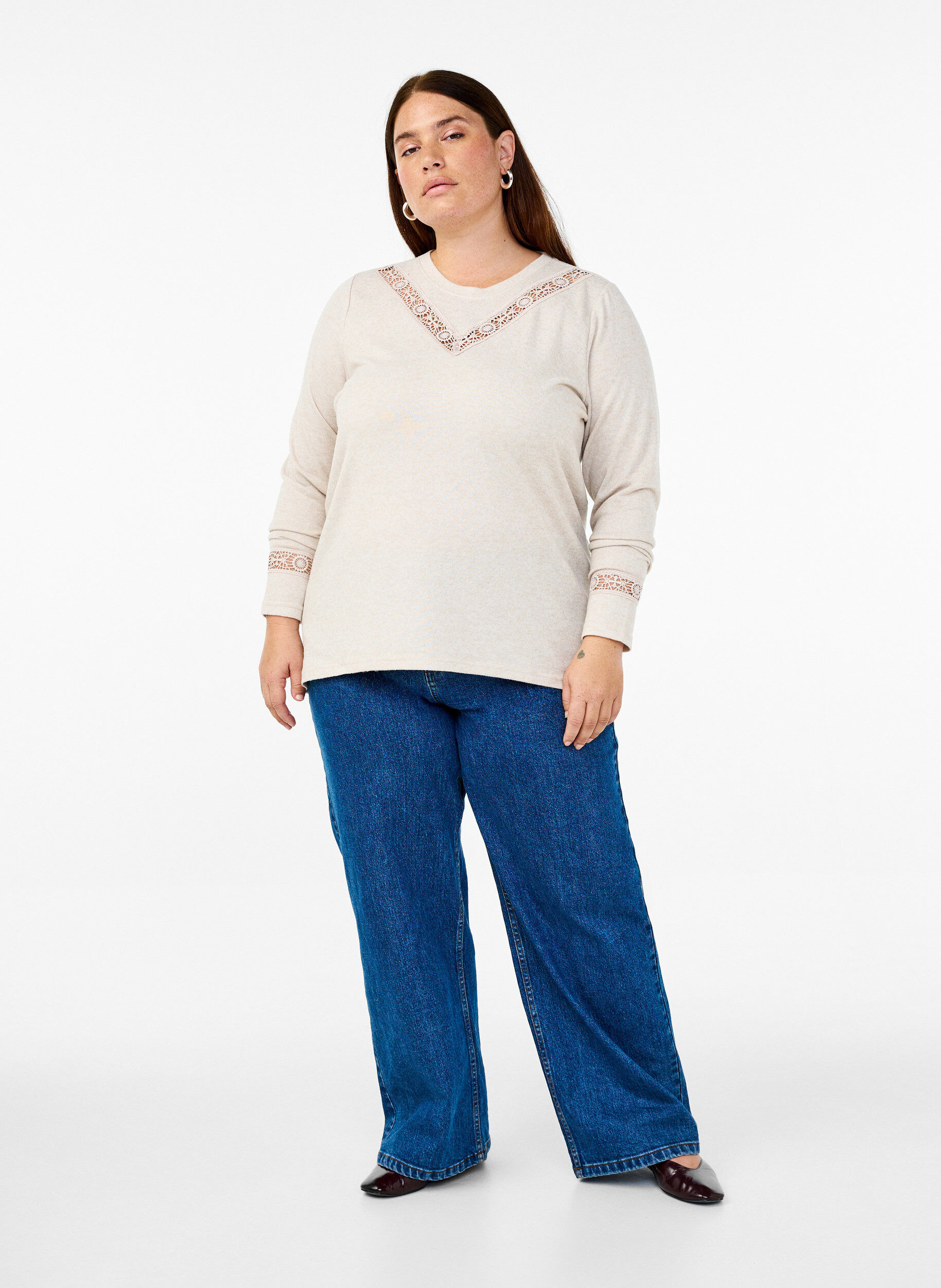 Zizzi Bluzka z haftowanymi detalami i dlugimi rekawami, Beżowy, Model image number 1