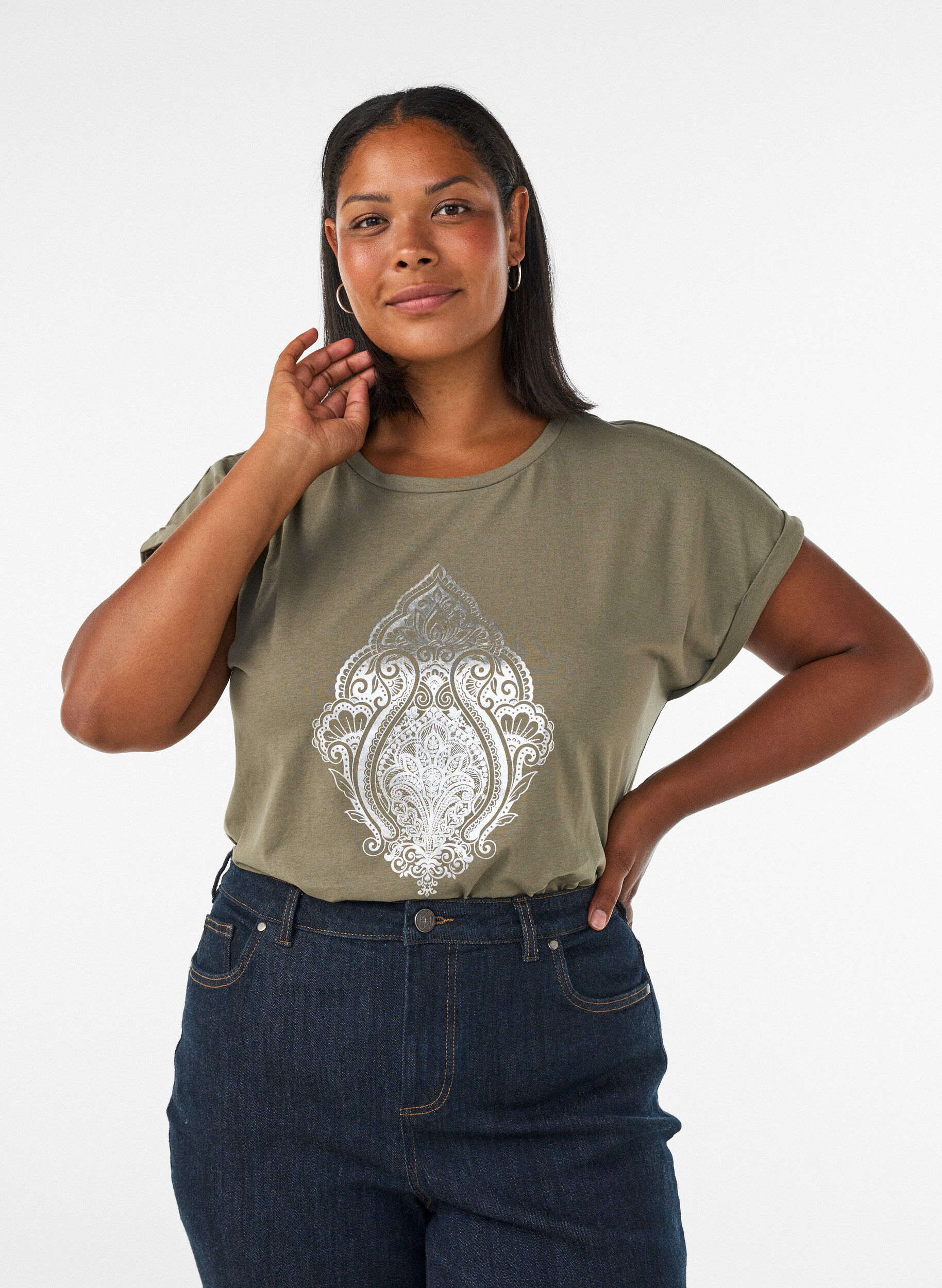T-shirt z ozdobnym nadrukiem z przodu, Zielony, Model