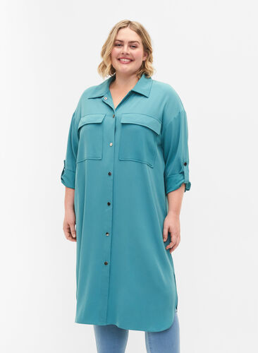 Dluga kurtka-sukienka z zapieciem na guziki, Brittany Blue, Model image number 0