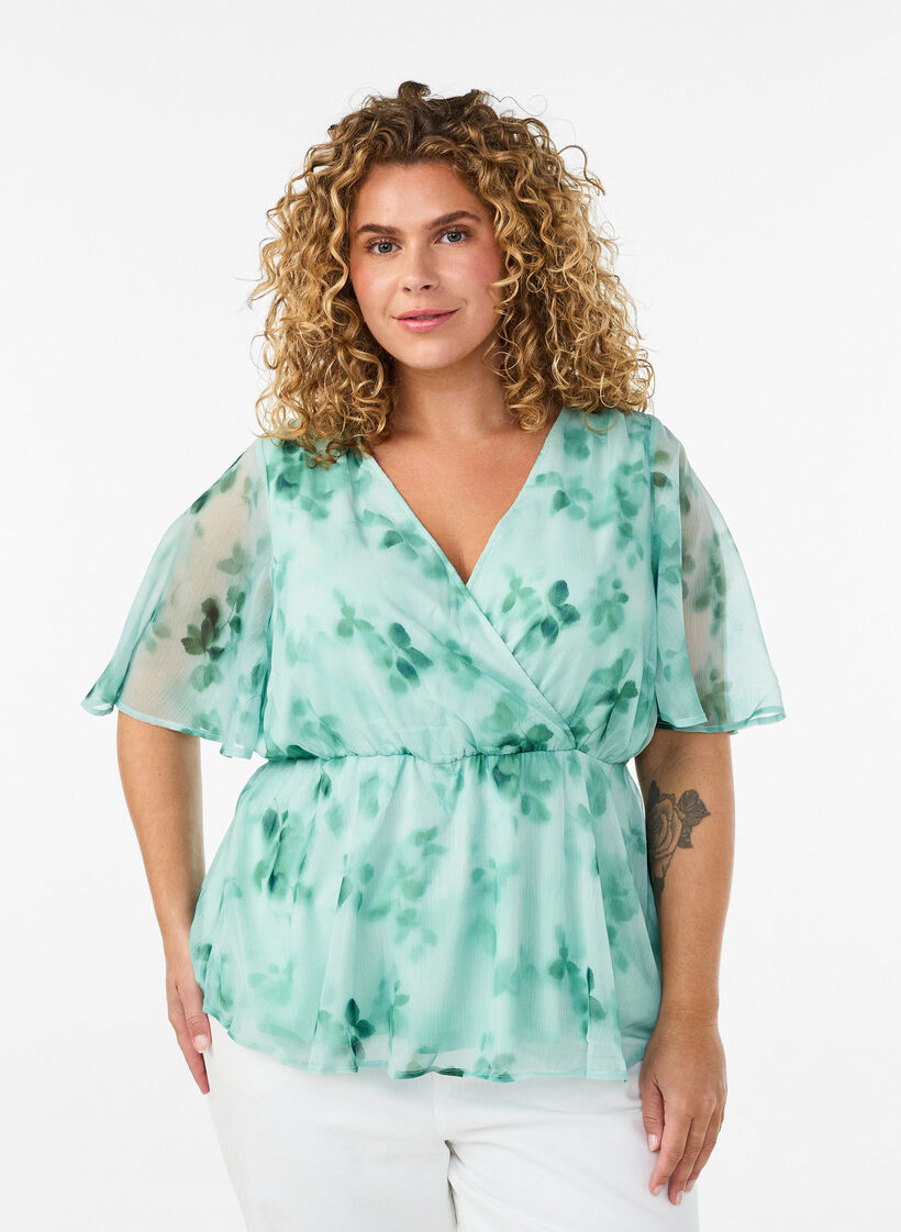 Szyfonowa bluzka w kwiaty z kr&oacute;tkim rekawem, Zielony, Model image number 0