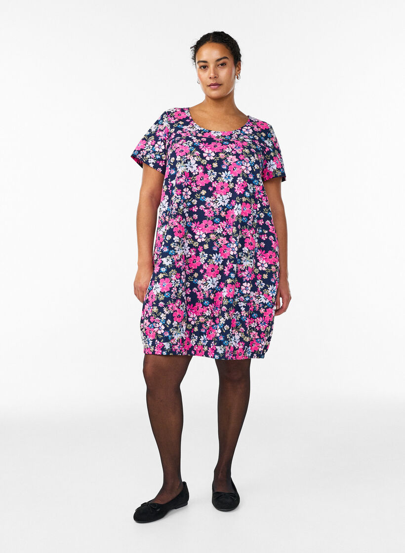 Bawelniana sukienka z kr&oacute;tkim rekawem i nadrukiem, Niebieskie, Model image number 1