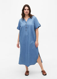 Dzinsowa sukienka z rozcieciem i krótkimi rekawami, Blue denim, Model