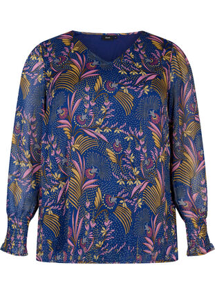 Bluzka w kwiaty z dlugimi rekawami i dekoltem w szpic, Blue w. Pink Leaf, Packshot image number 0