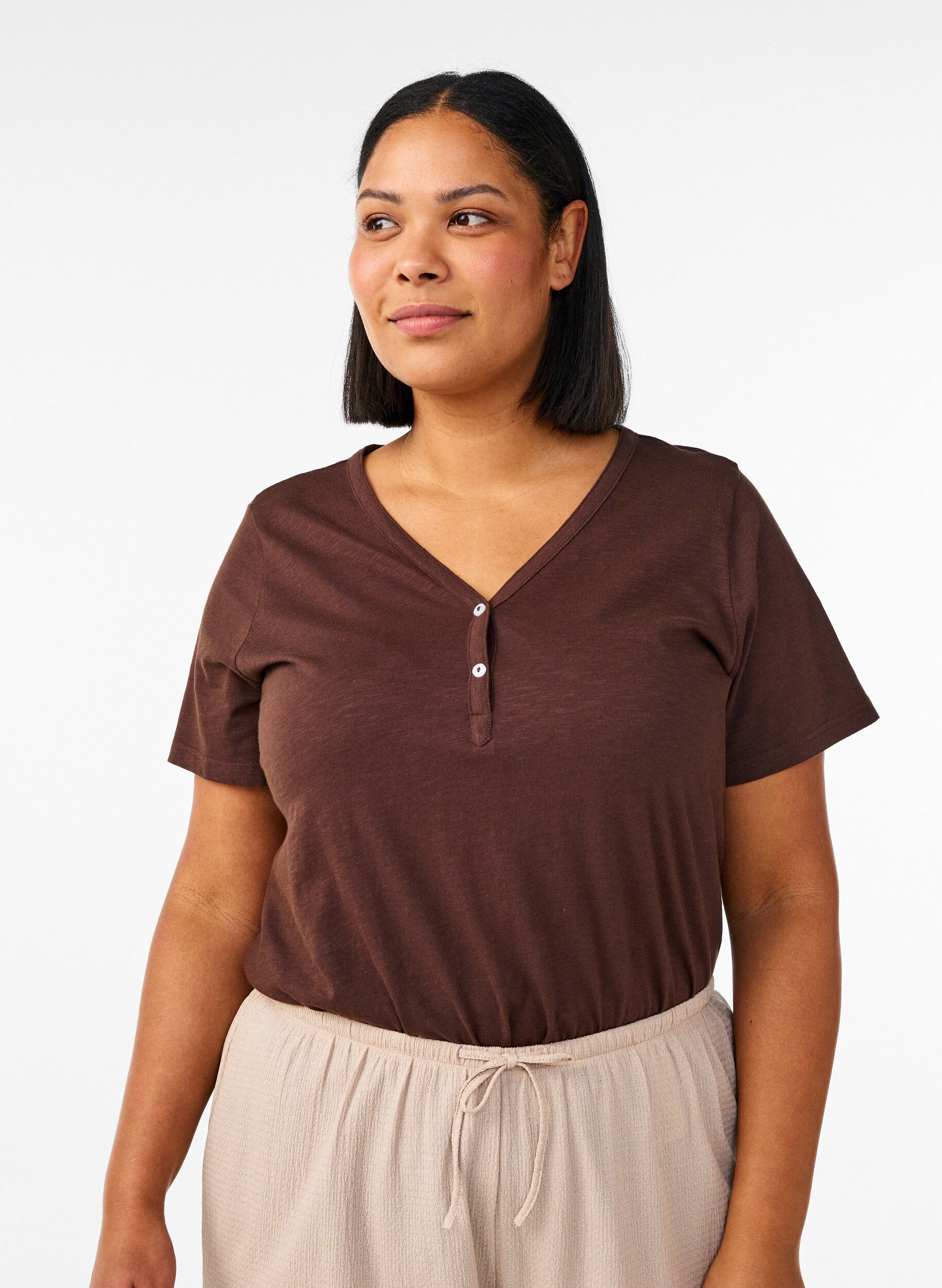 ZizziT-shirt z guzikami, Brązowy, Model image number 0