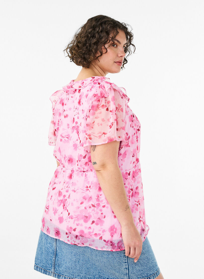 Bluzka z kwiatowym wzorem, z falbanka na kolnierzu i efektem peplum, R&oacute;żowy, Model image number 2