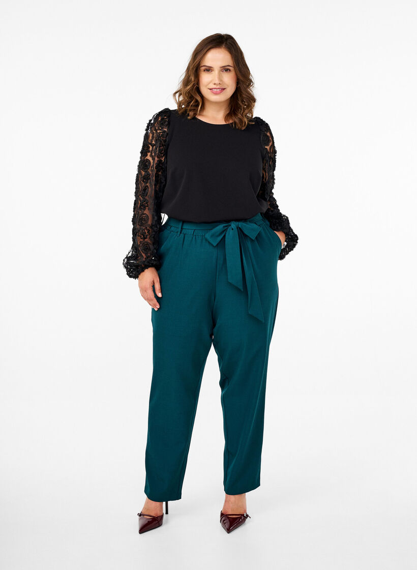 Spodnie z wysokim stanem z marszczeniami i wiazanym paskiem, Sea Moss Melange, Model image number 0