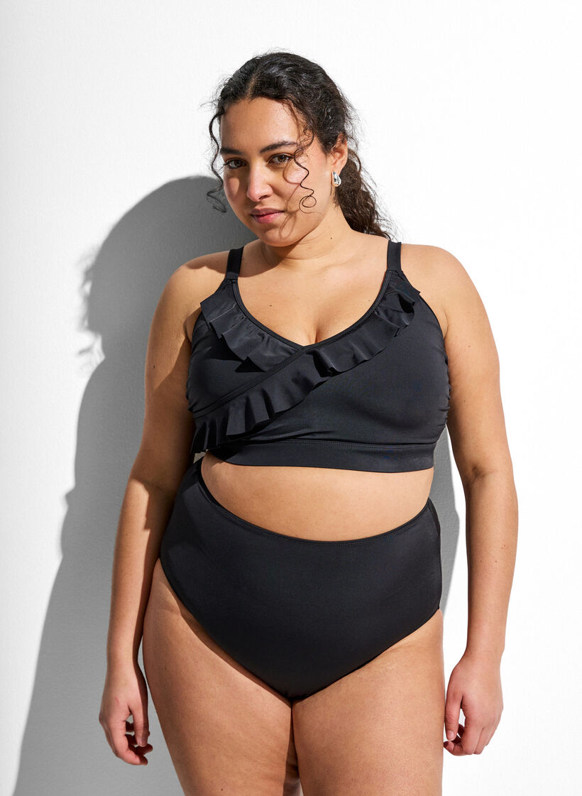 Jednolity kolor, wysoki stan d&oacute;l bikini, Czarne, Model image number 0