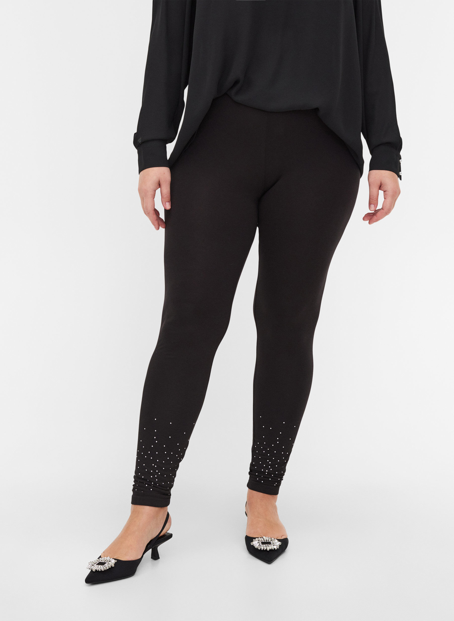 Zizzi Viscose blend leggings with decorative rhinestones, Black, Model image number 2