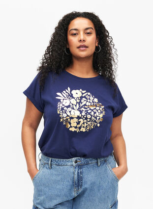 T-shirt z organicznej bawelny ze zlotym nadrukiem, Med.Blue Gold Flower, Model image number 0
