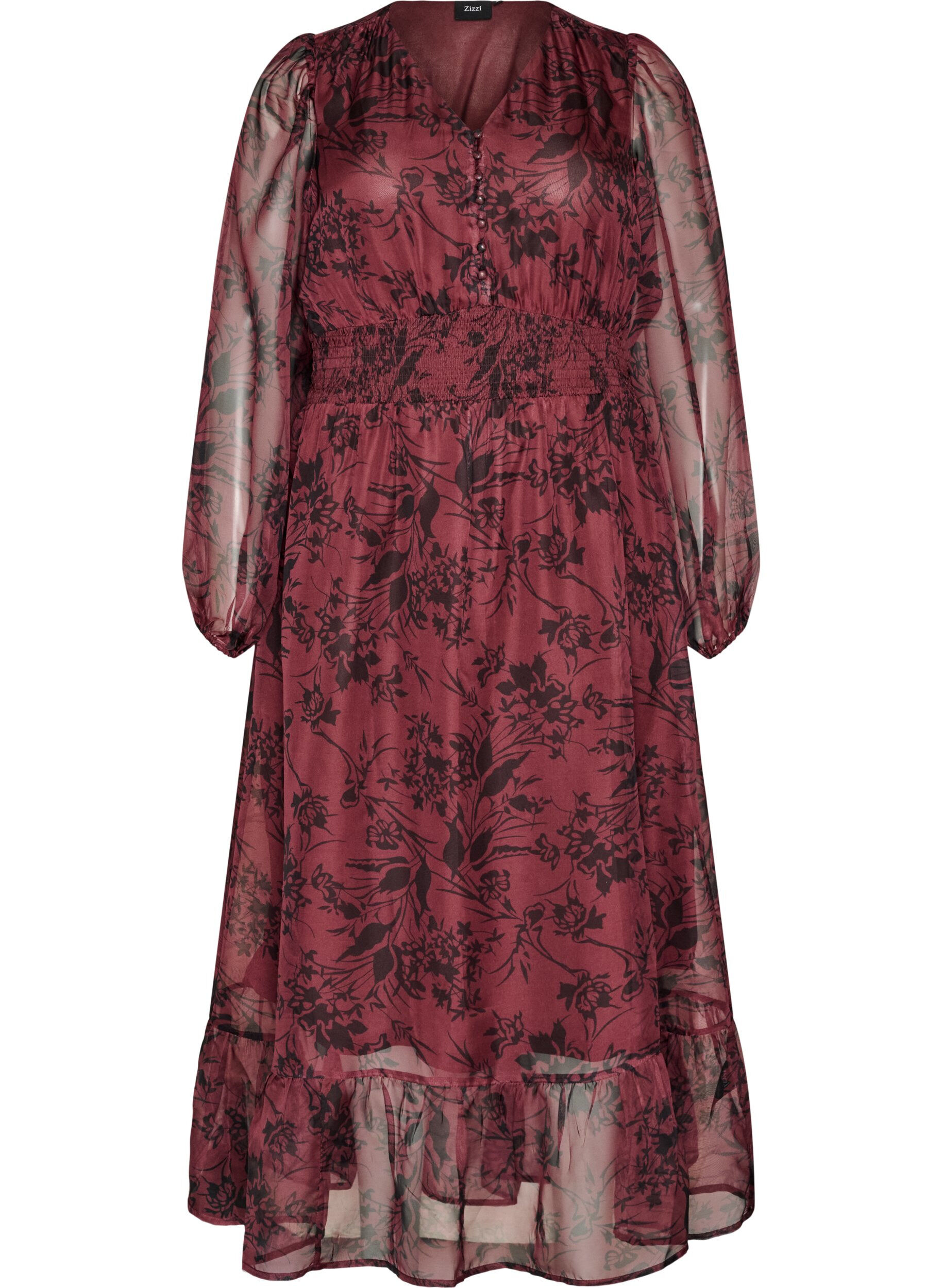 ZizziSukienka maxi w kwiaty z marszczeniem, Ciemnobordowy, Packshot image number 0