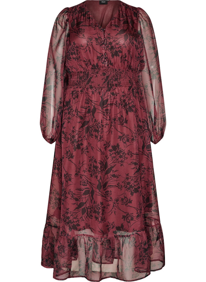Sukienka maxi w kwiaty z marszczeniem, Ciemnobordowy, Packshot image number 0