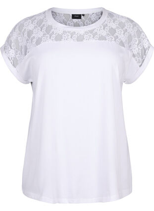 Bawelniana koszulka z krótkim rekawem i koronka, Bright White, Packshot image number 0