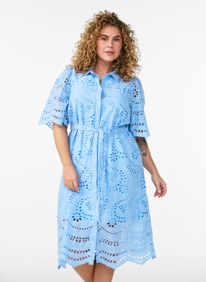 Sukienka-koszulka w stylu broderie anglaise z pasem do wiazania, Niebieskie, Model image number 0