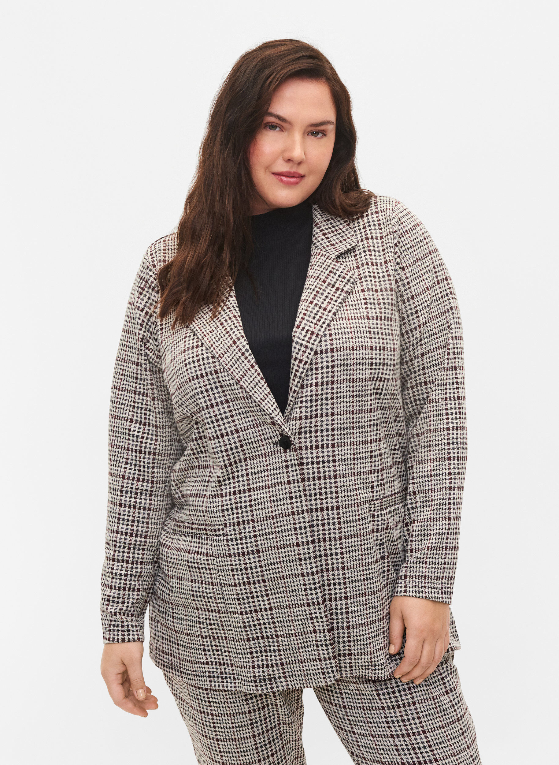 Zizzi Checkered blazer with button closure, Brown Check, Model image number 0