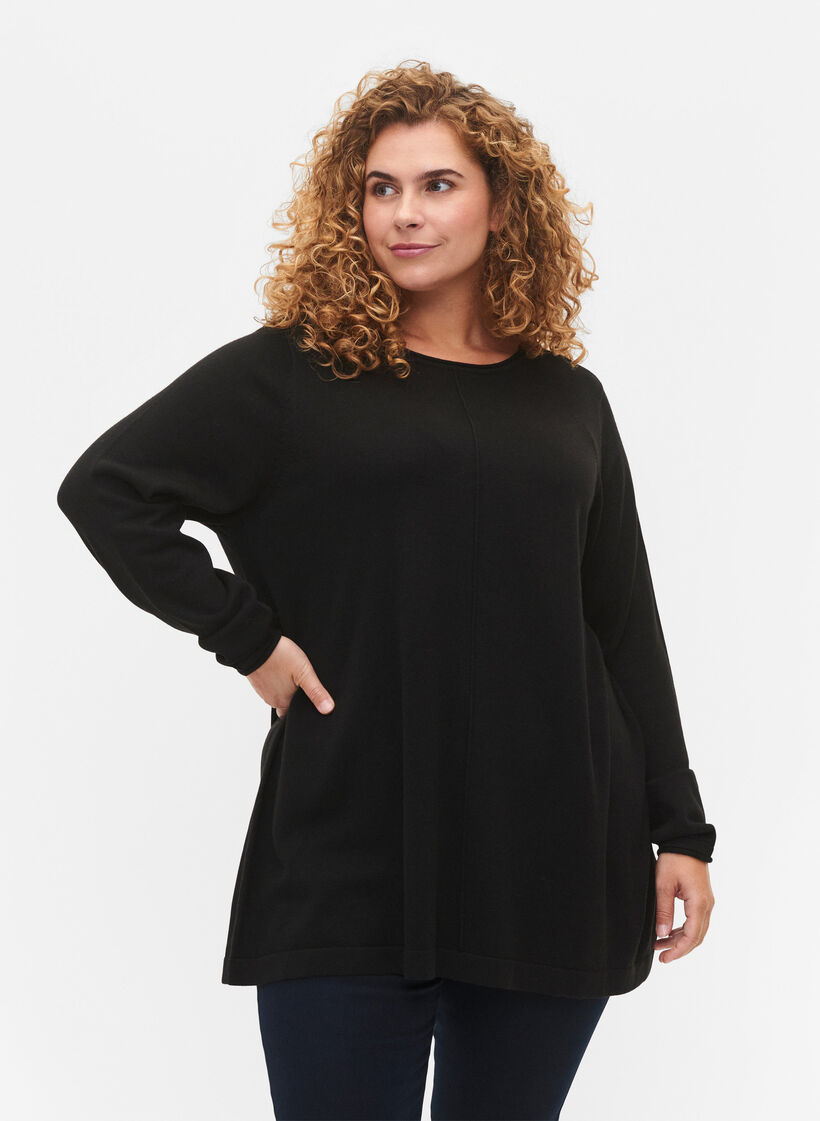 Dzianinowa bluzka z mieszanki bawelny i wiskozy, Czarne, Model image number 0