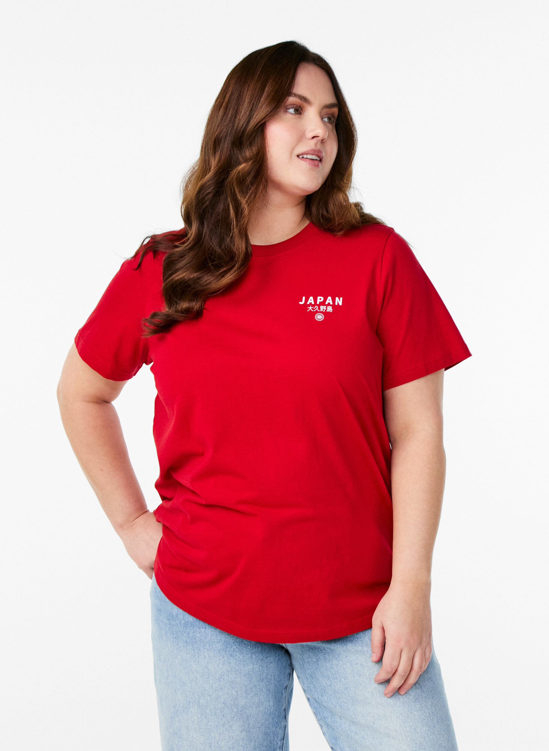 T-shirt z nadrukiem tekstowym i okraglym dekoltem, Czerwony, Model