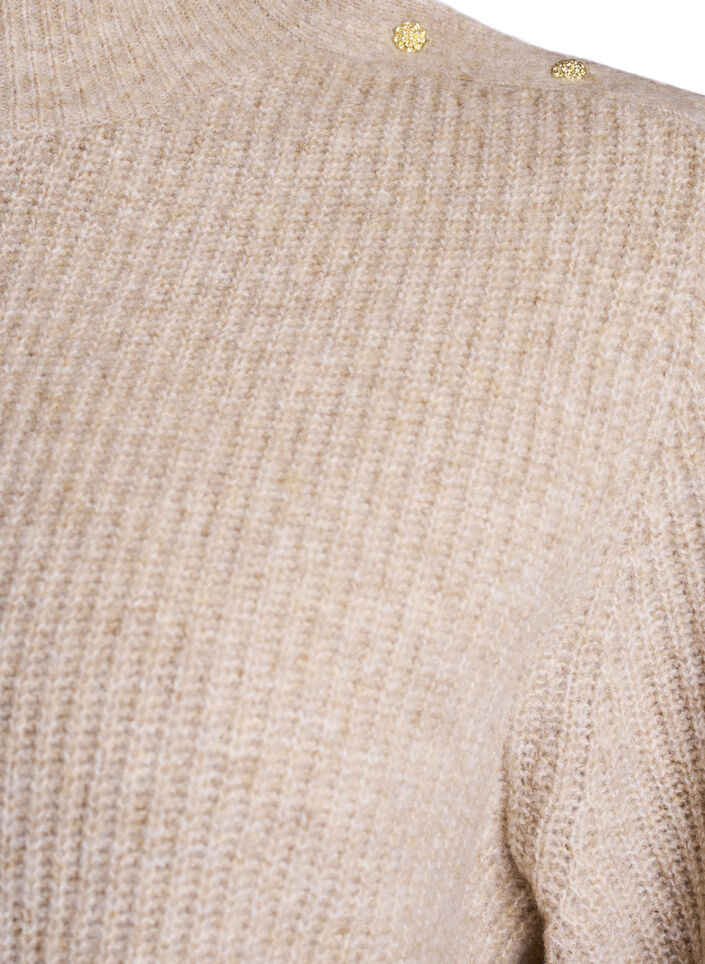 Prazkowany sweter z bufiastymi rekawami i guzikami, Beżowy, Packshot image number 2