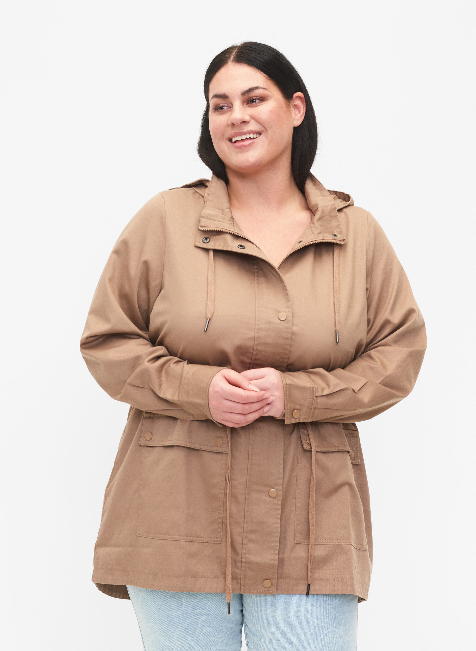 Zizzi Long parka jacket with hood and pockets, Amphora, Model image number 0