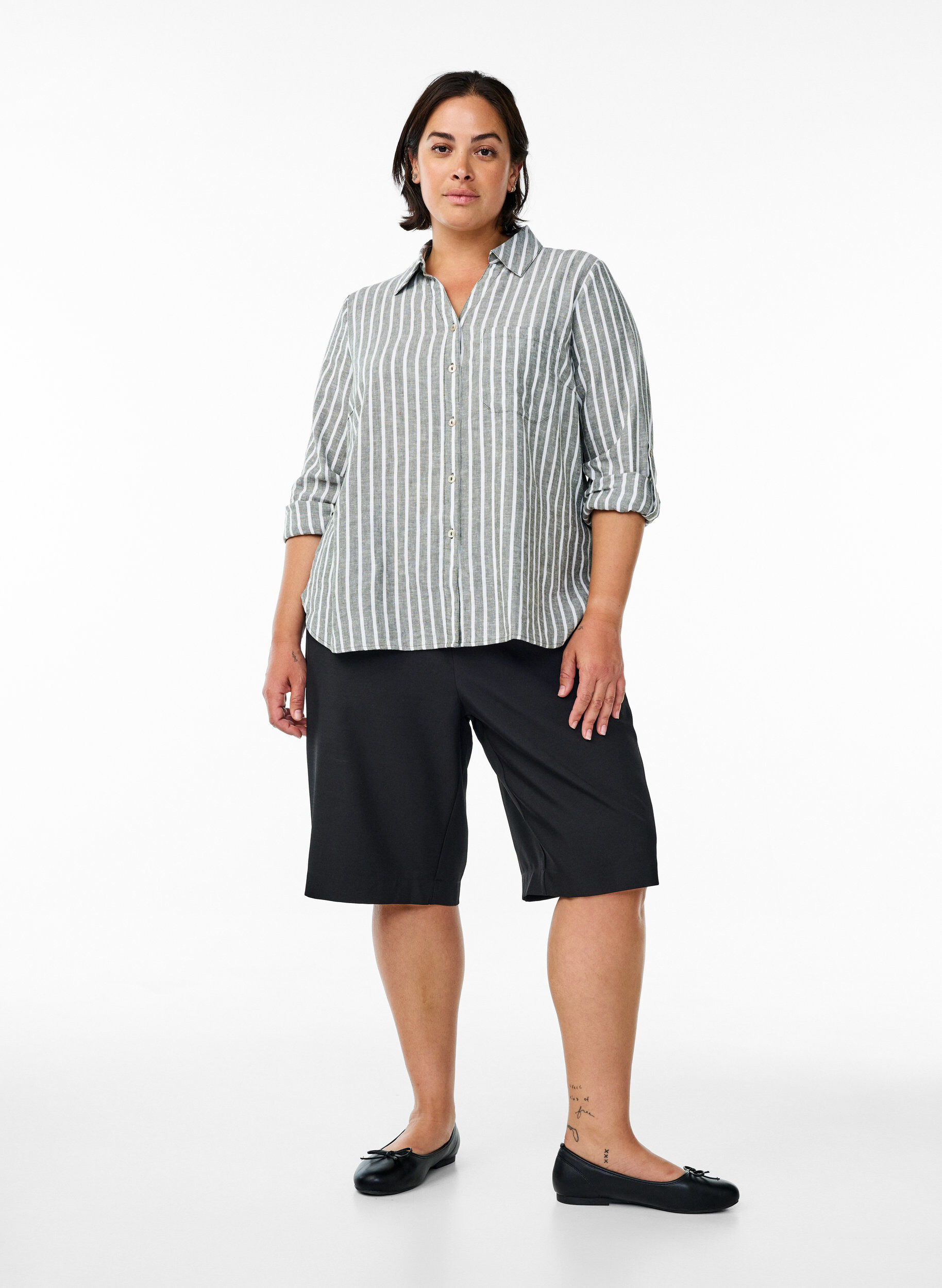 Zizzi Koszula z lnu i wiskozy z rekawami 3/4, Zielony, Model image number 1