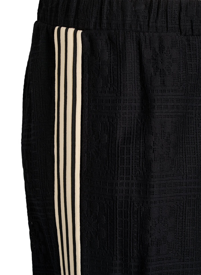 Spodnie koronki z szerokimi nogawkami i kontrastowymi paskami, Czarne, Packshot image number 2