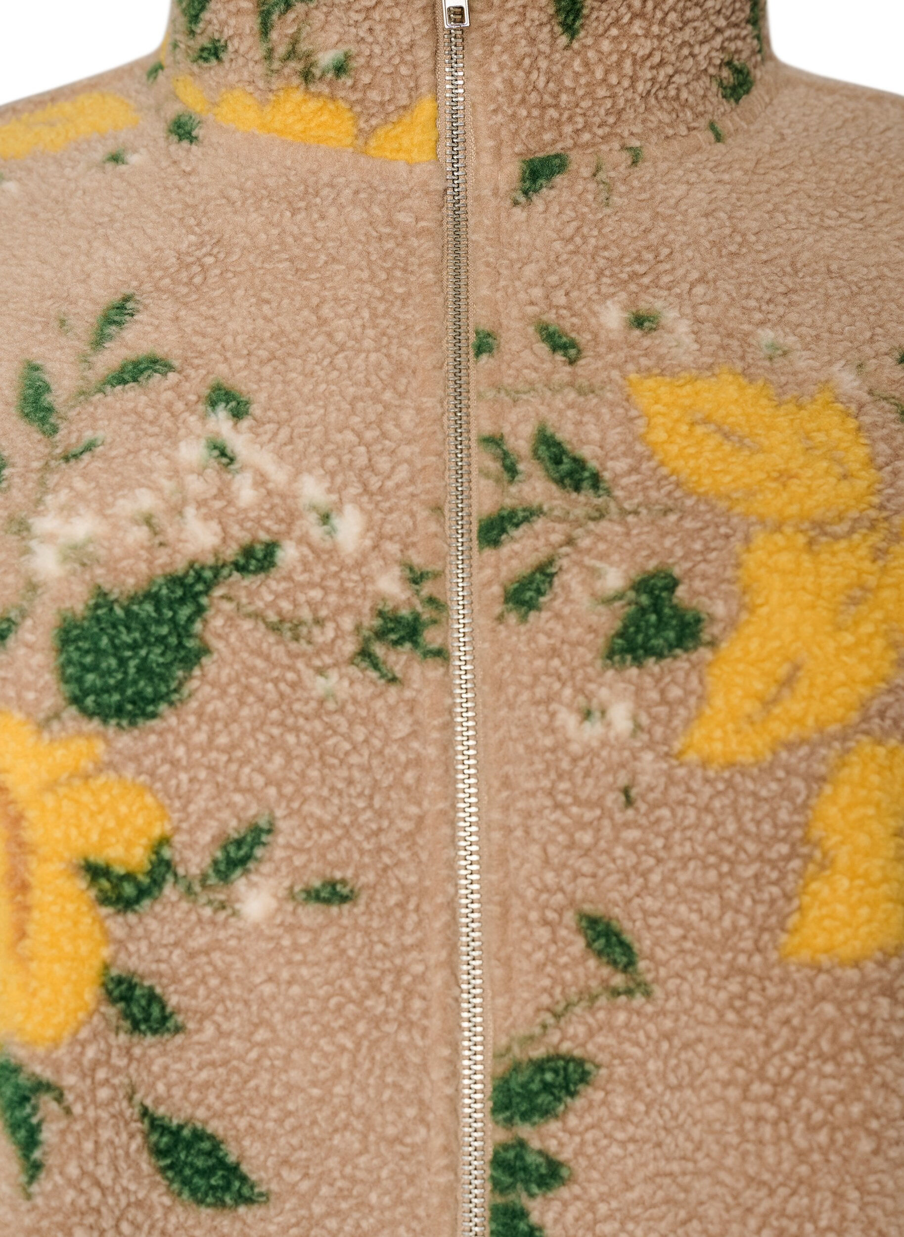 ZizziKurtka polarowa z kwiatowym wzorem, wysokim kolnierzem i zamkiem blyskawicznym, Beżowy, Packshot image number 2