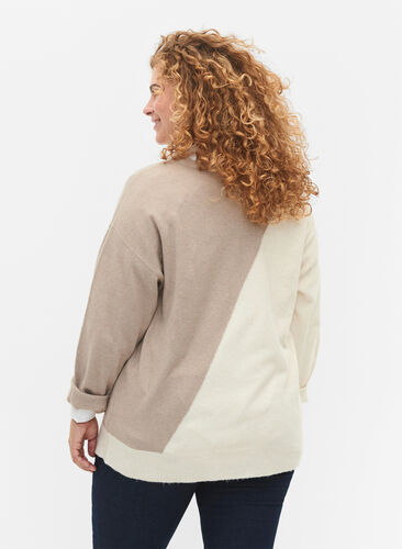 Dzianinowa bluzka z okraglym dekoltem i blokami kolorów, Simply Taupe Comb, Model image number 1