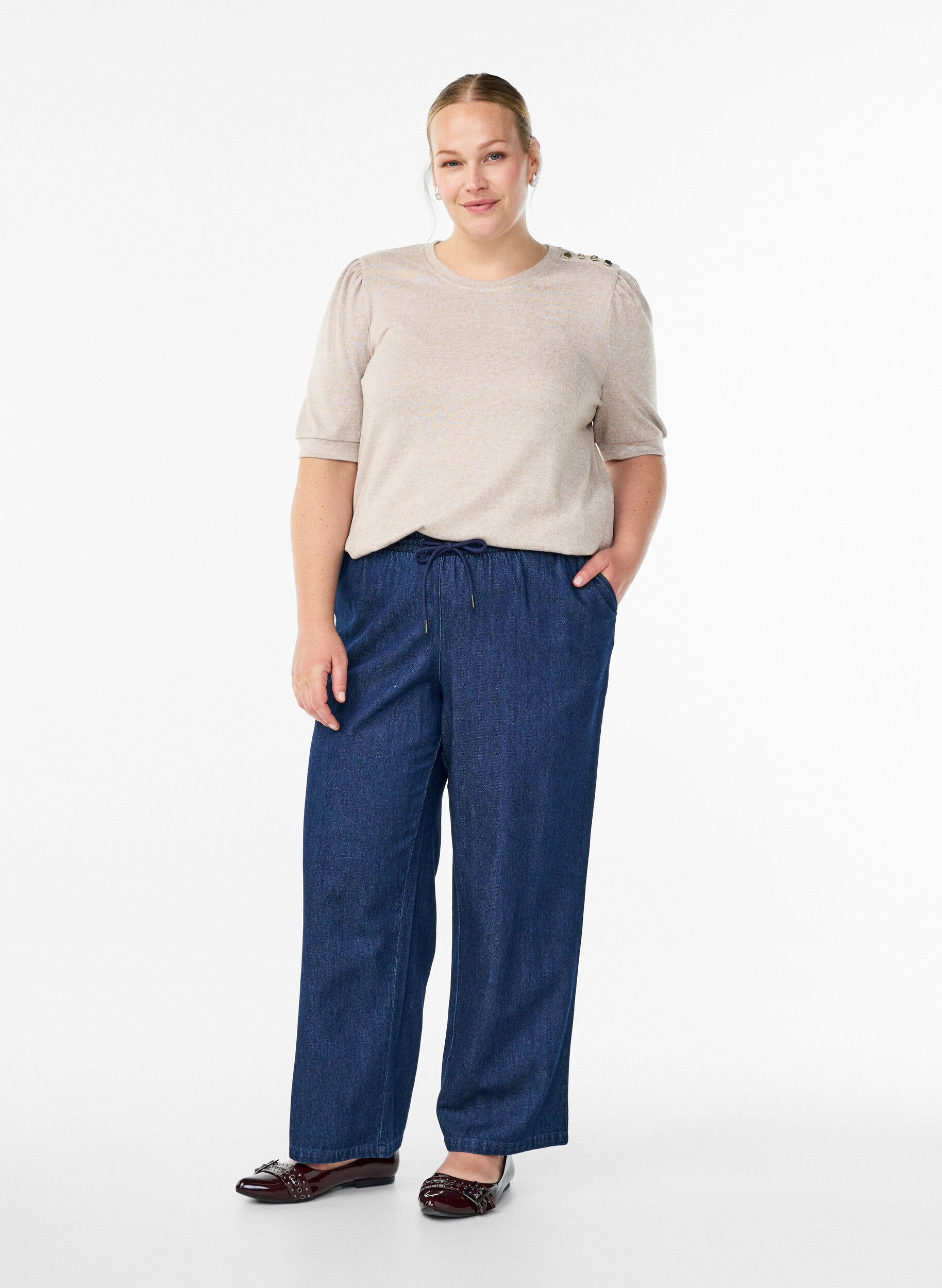 ZizziBluzka z guzikami i kr&oacute;tkimi bufiastymi rekawami, Beżowy, Model image number 1