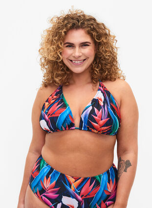 Trójkatny biustonosz bikini z nadrukiem, Bright Leaf, Model image number 0