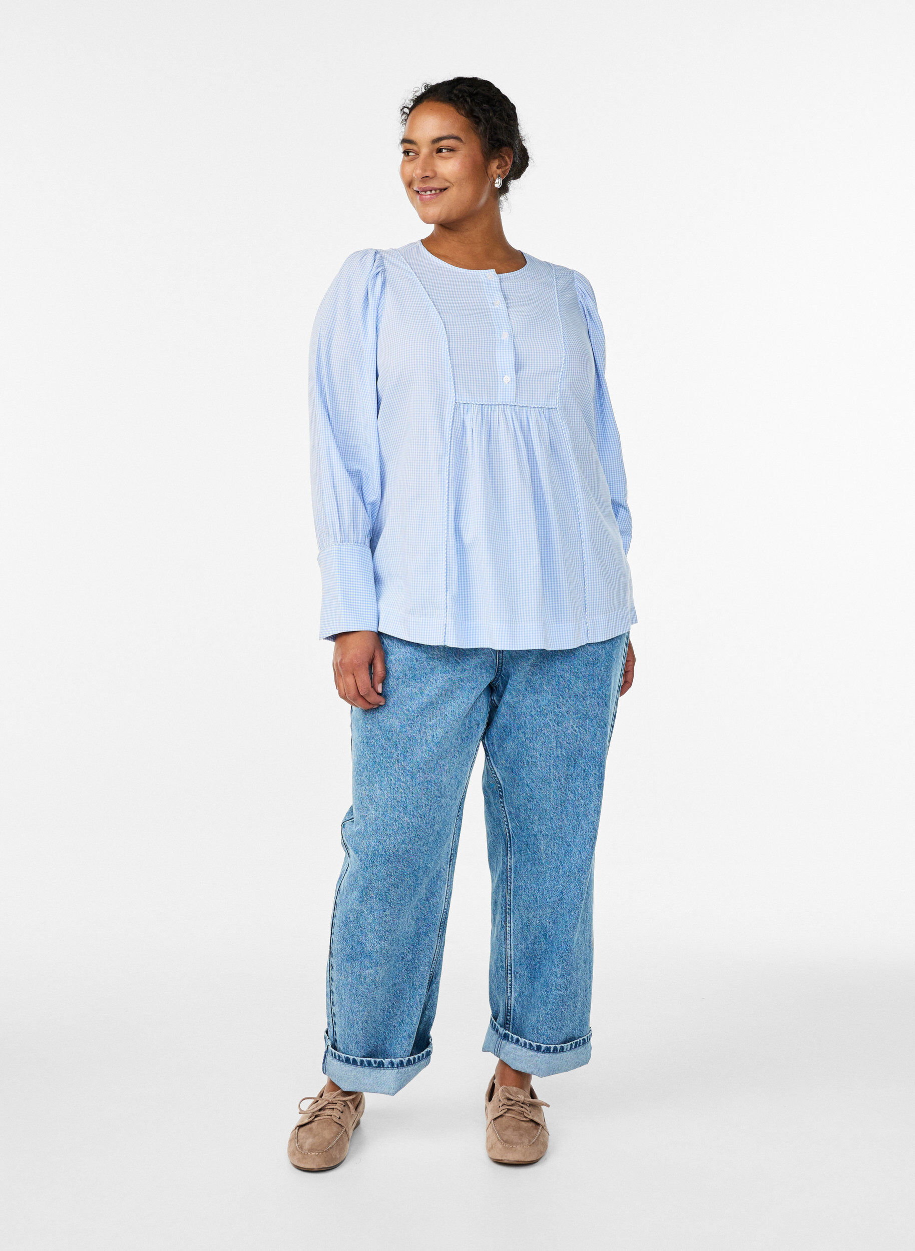 Zizzi Bluzka w krate w kroju A-line, Niebieskie, Model image number 1