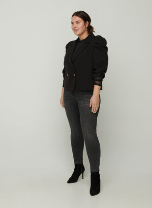 Short blazer with long puff sleeves, Black, Model image number 2