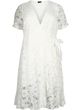 Kopertowa sukienka z koronka i krótkimi rekawami, Bright White, Packshot image number 0