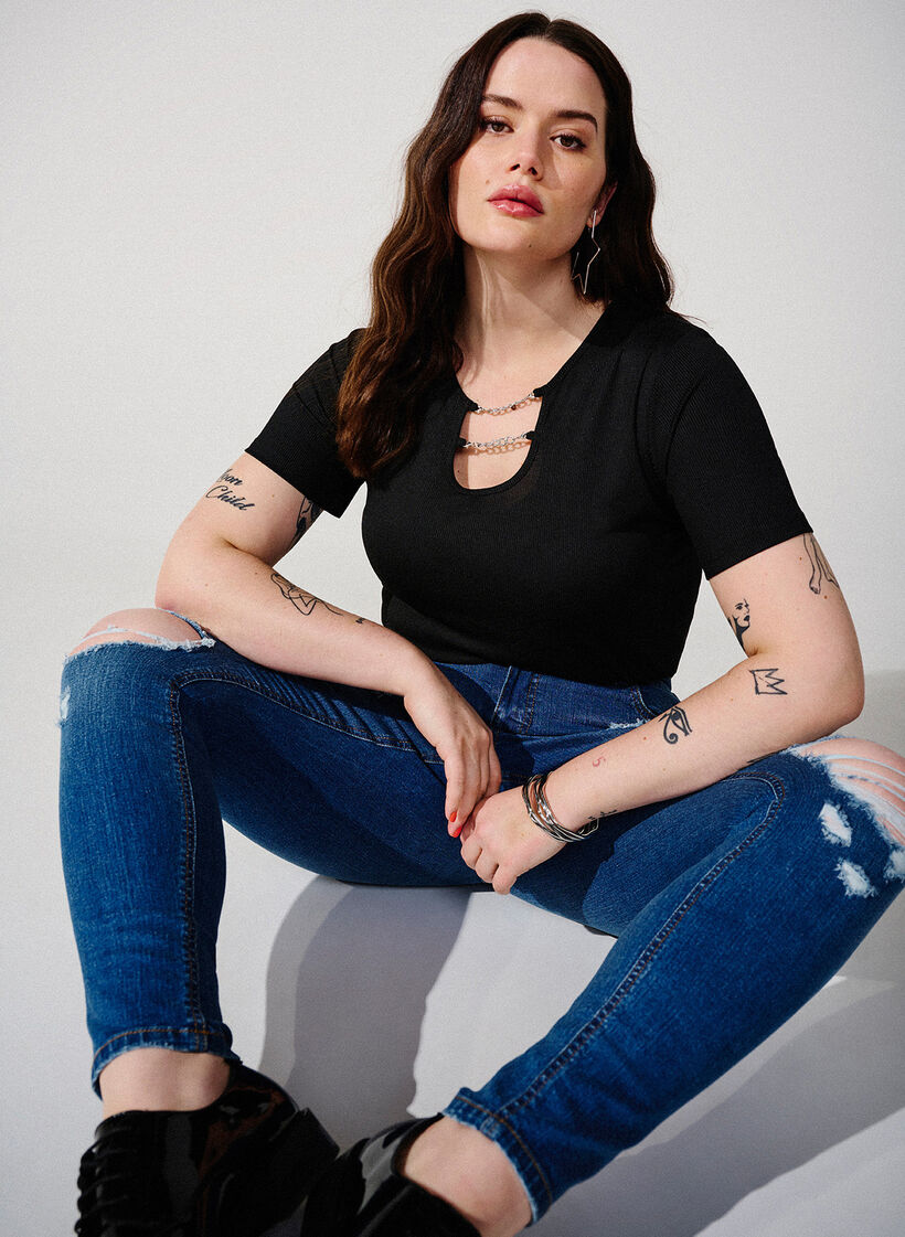 Jeansy o dopasowanym kroju z przetarciami, Blue Denim, Image image number 0