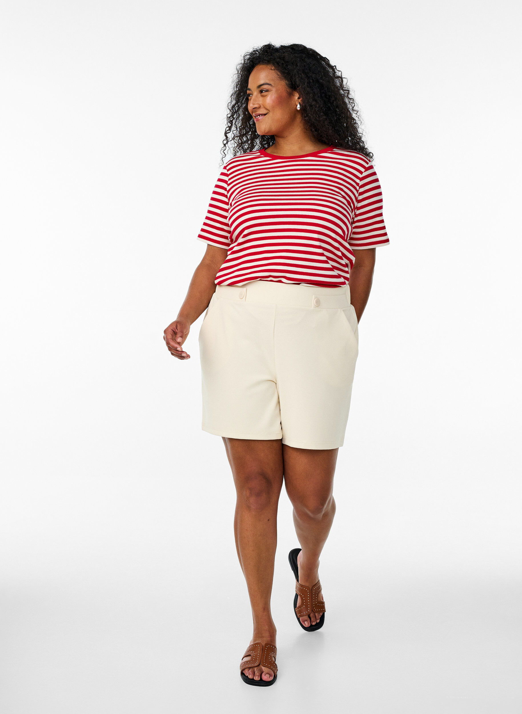 Zizzi T-shirt w paski o prazkowanej fakturze, Czerwony, Model image number 1