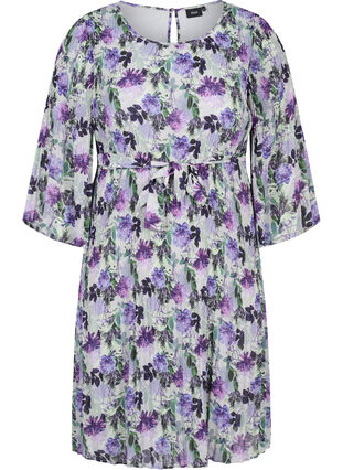 Wzorzysta plisowana sukienka z wiazaniem, Purple Flower Mix, Packshot image number 0