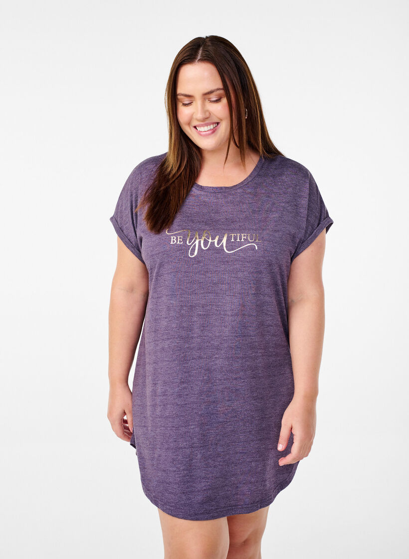 Koszula nocna z kr&oacute;tkim rekawem i nadrukiem tekstowym, , Model image number 0