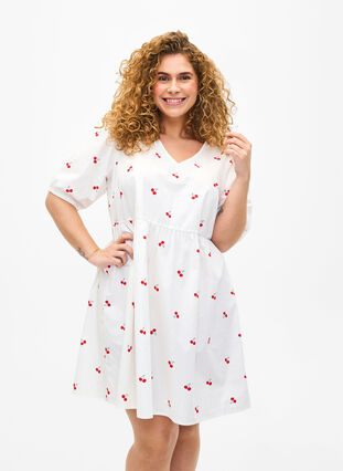 Trapezowa sukienka z wisniowym nadrukiem, B. White/Cherry, Model image number 0