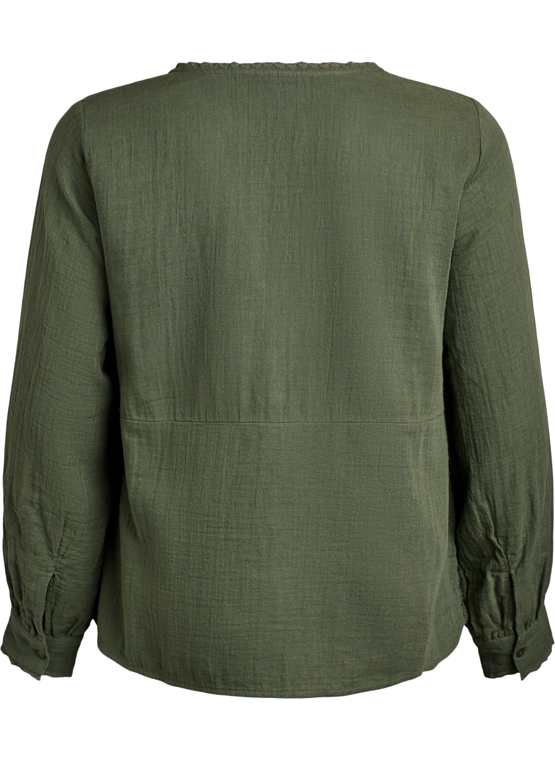 Zizzi Bawelniana muslinowa bluzka koszulowa z szydelkowymi detalami, Zielony, Packshot image number 1